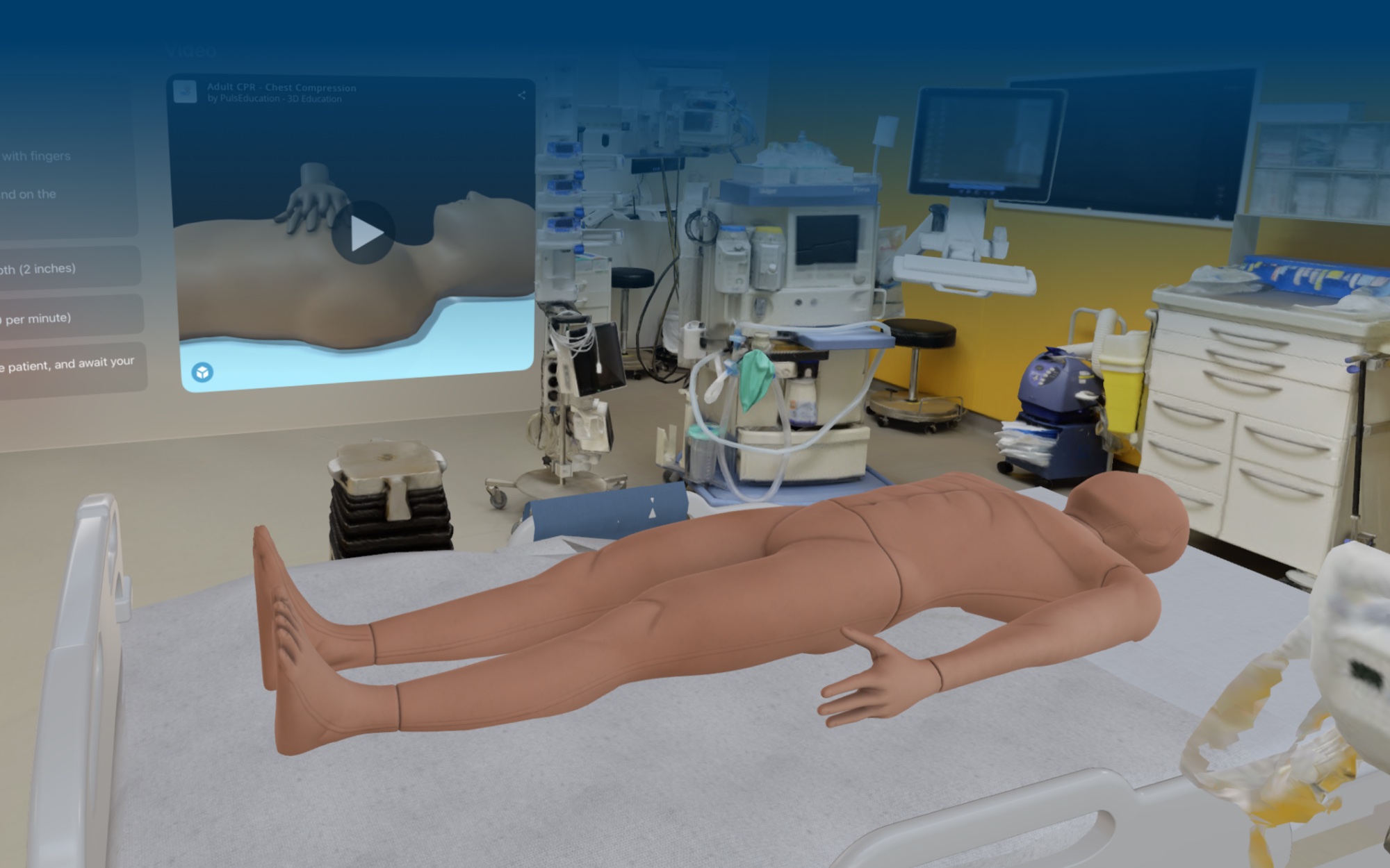 A VR simulation of a hospital room: a patient lying on a bed, a floating CPR instruction video and a step list beside it