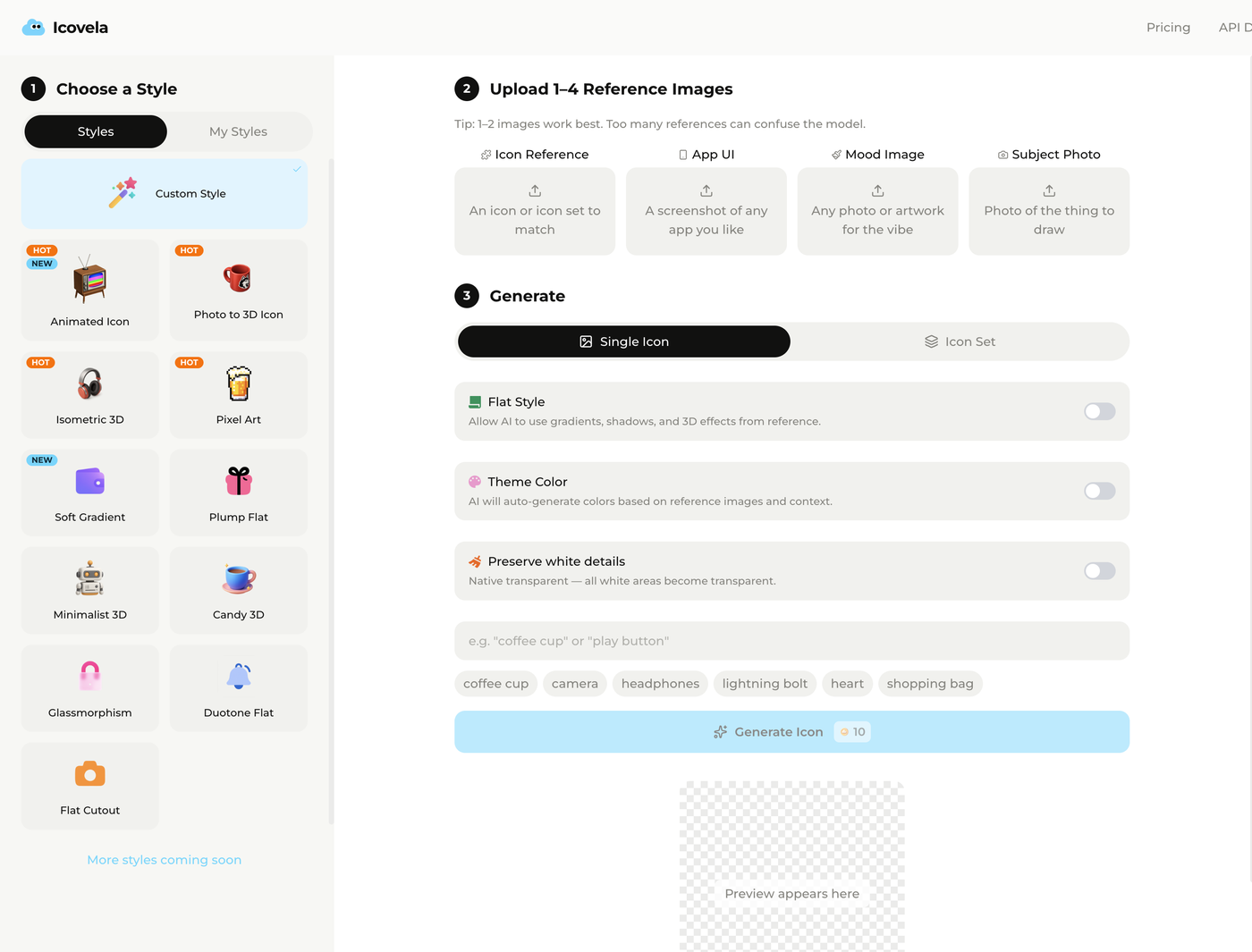 The workspace with Custom Style selected: step 2 asks the user to upload one to four reference images before step 3 can generate