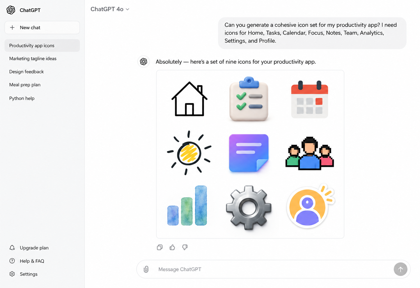 A chat assistant asked for a cohesive nine-icon set, returning a flat outline house, a 3D clipboard, a hand-drawn sun, a pixel-art team and a watercolour chart — no two in the same style