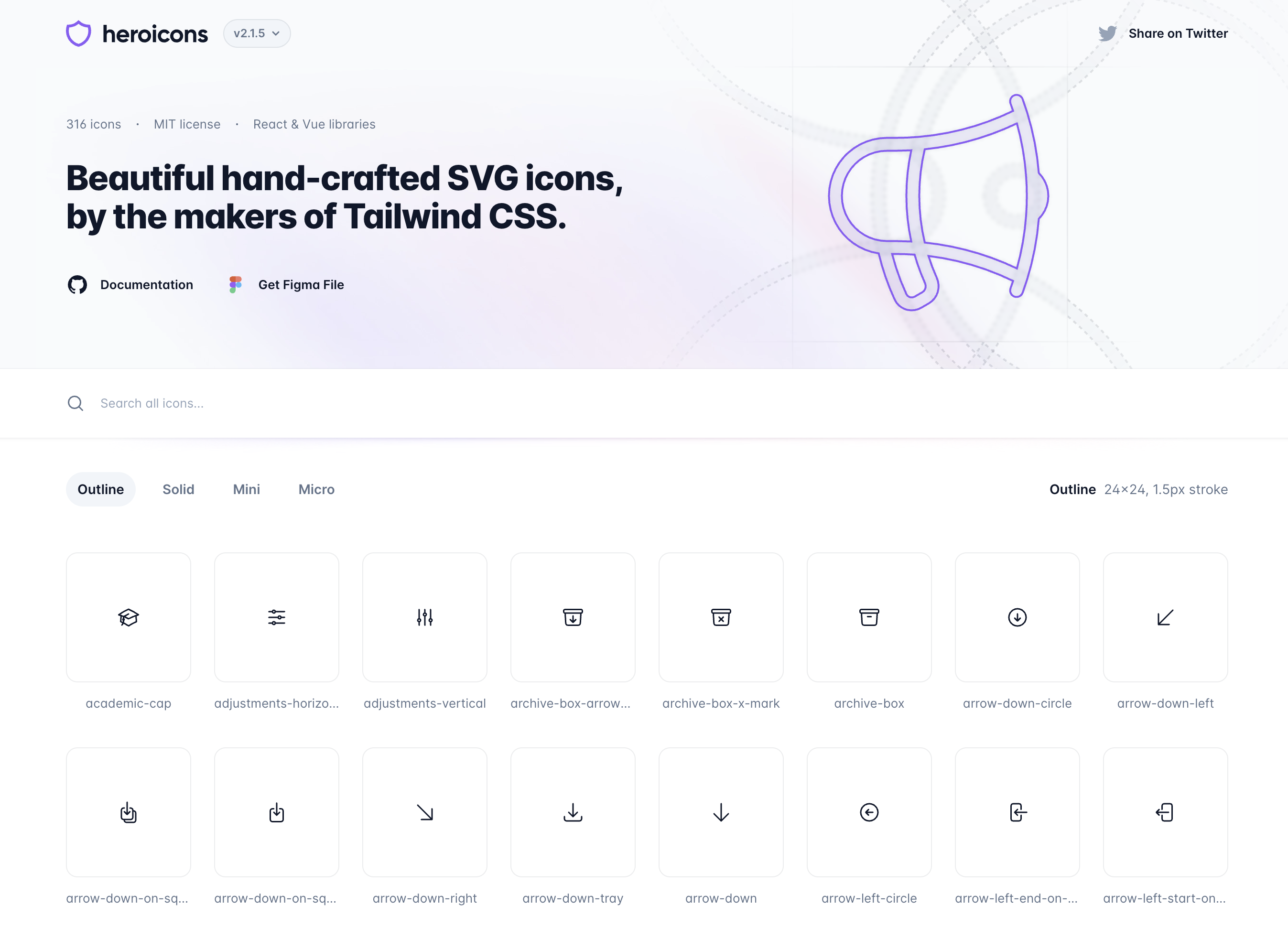 An icon library site: hundreds of icons drawn in one uniform outline style