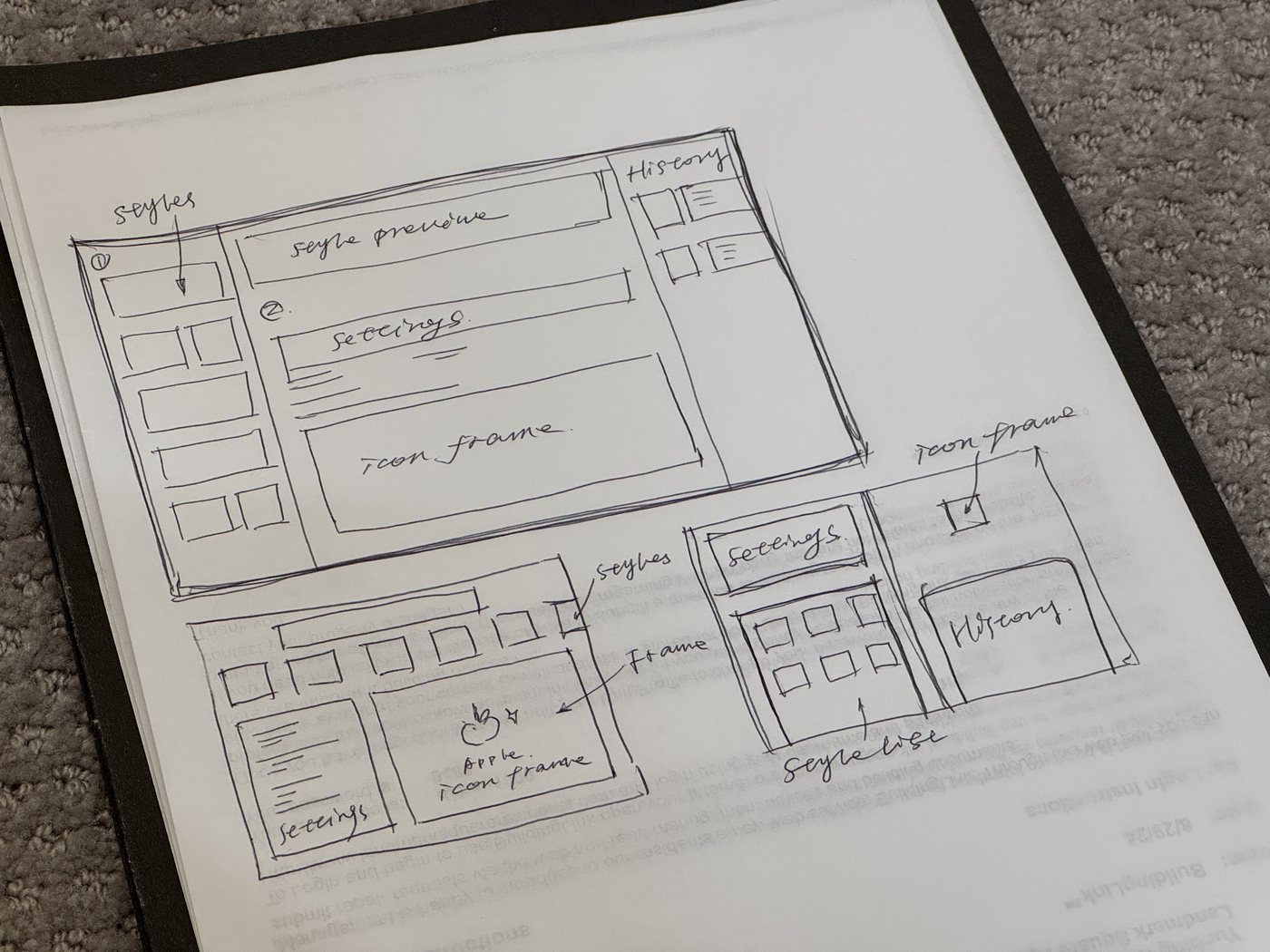 A hand-drawn wireframe of the generation workspace: the style list down the left, style preview and settings in the middle, the icon frame below them, and history on the right