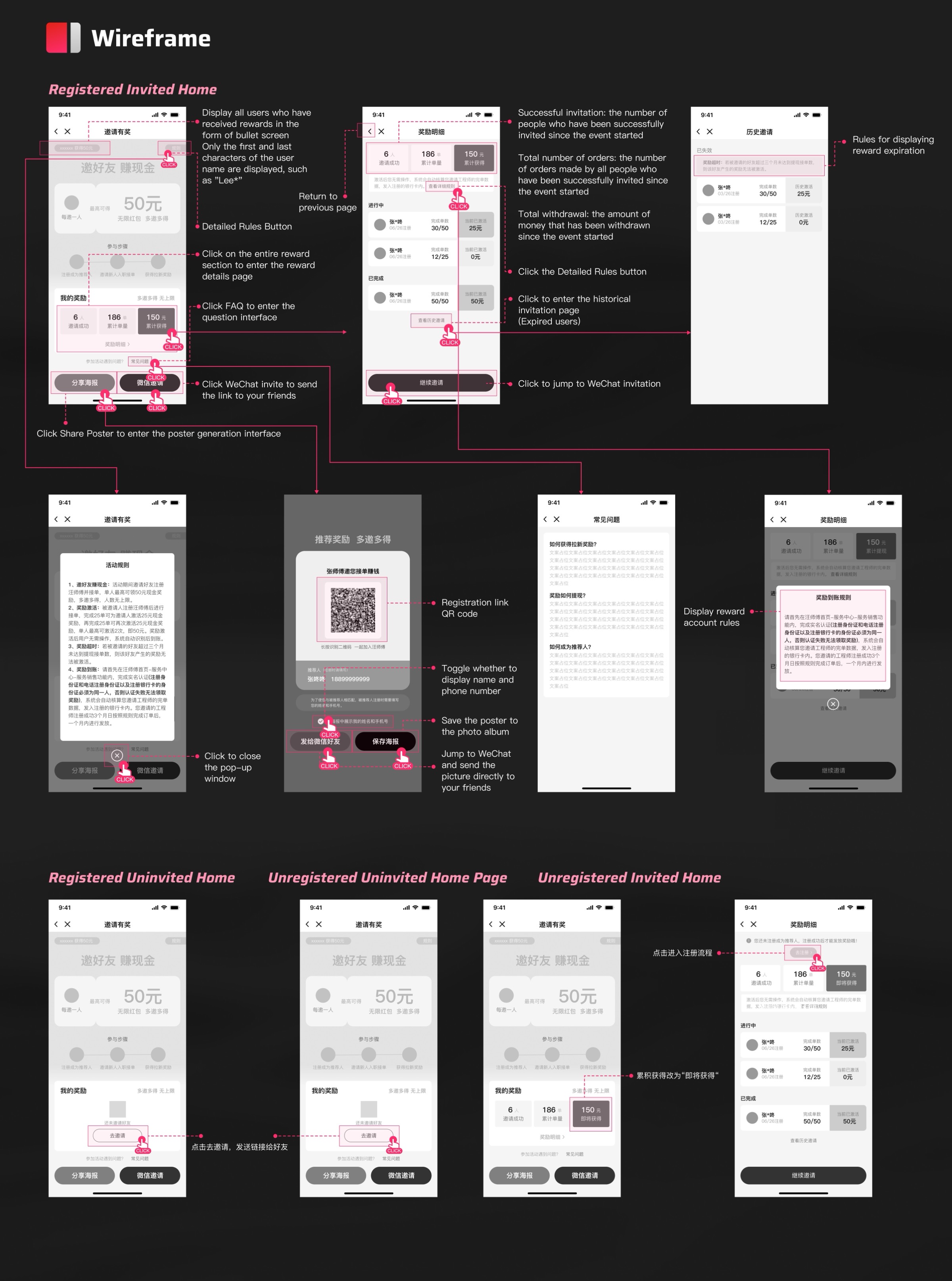 Wireframes for all page states