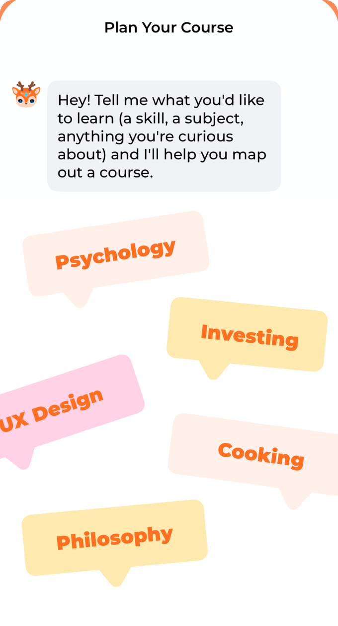 LearnPiq course planning chat, with suggested topics as tappable chips
