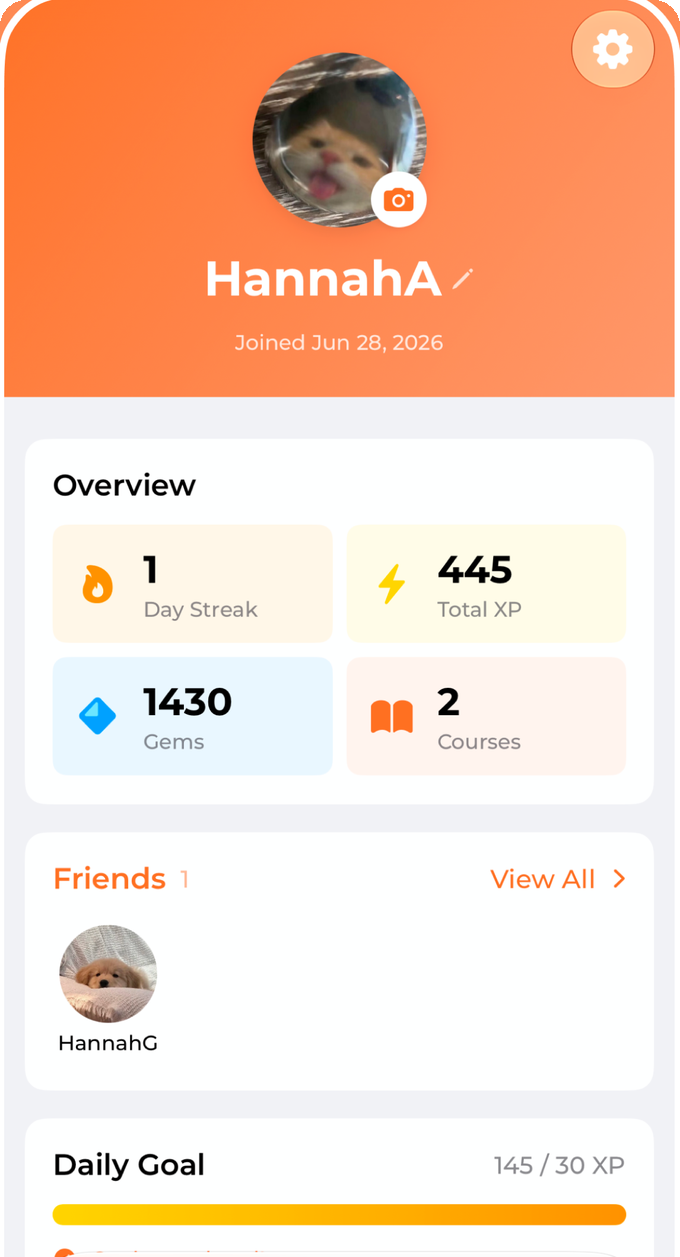 Profile screen with streak, XP, gems, course count and daily goal