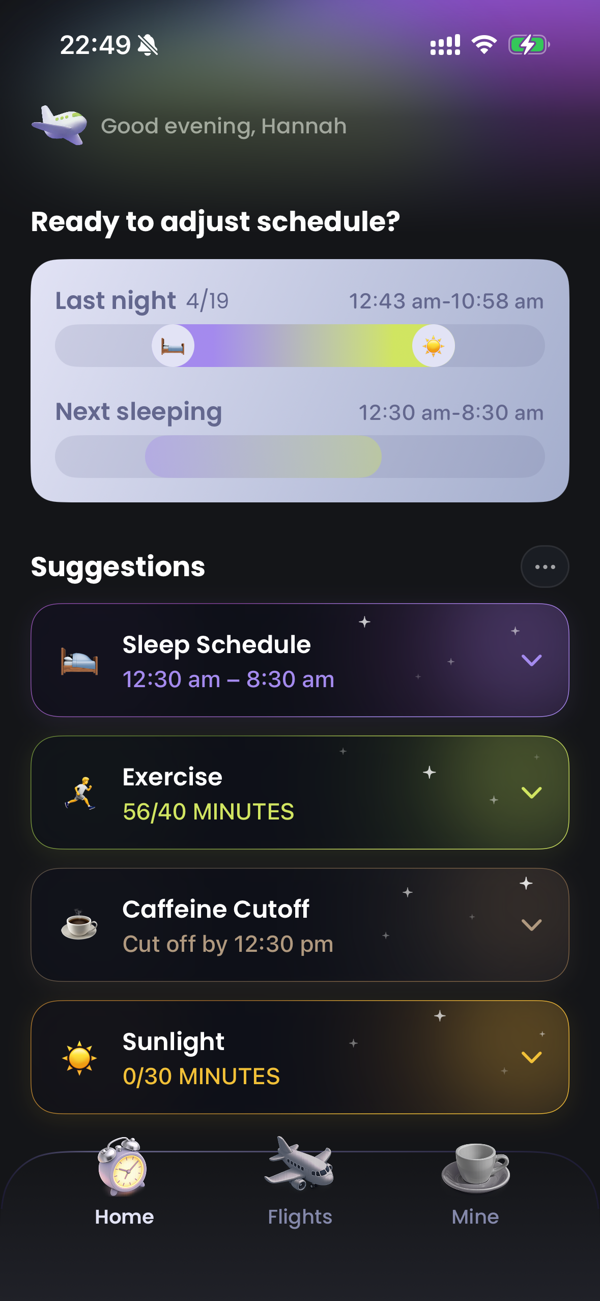Retime home screen with sleep summary and four collapsed suggestion cards