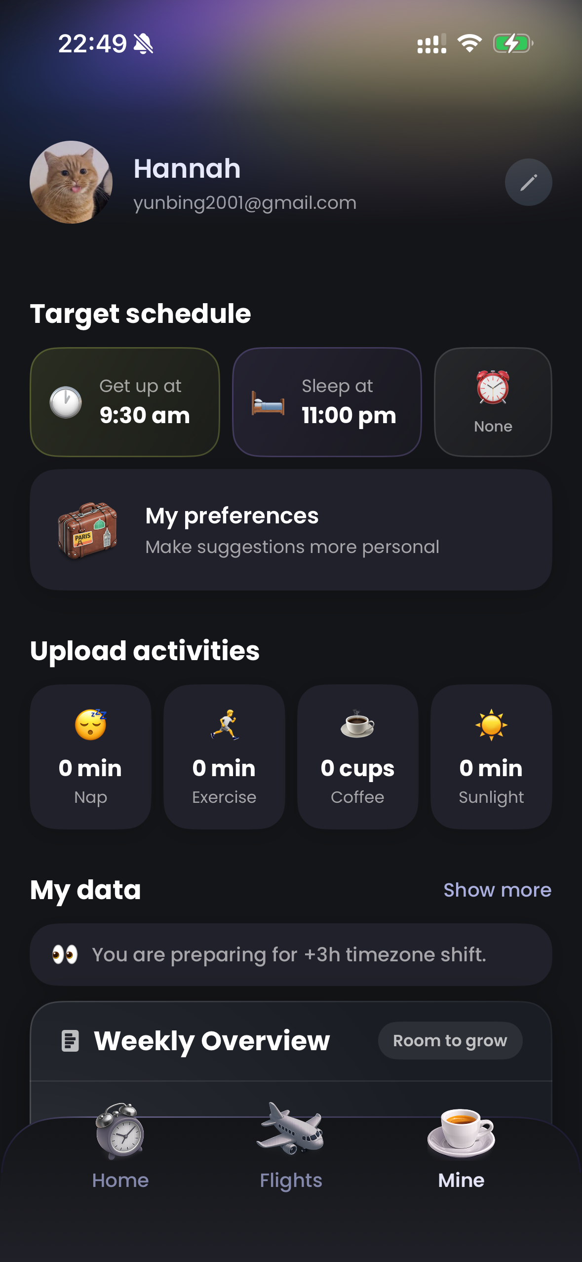 Retime profile tab with target schedule and weekly overview