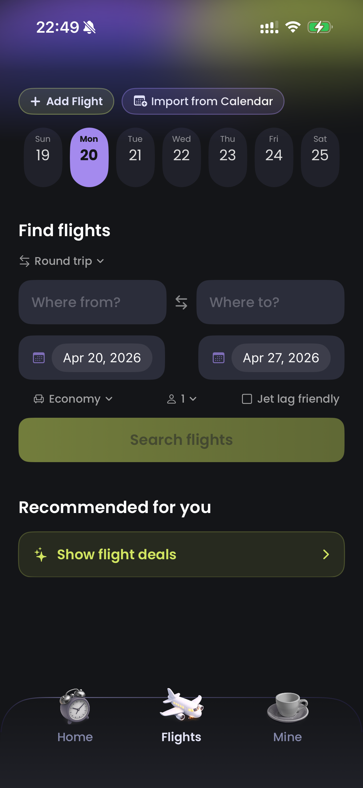 Retime flight search screen