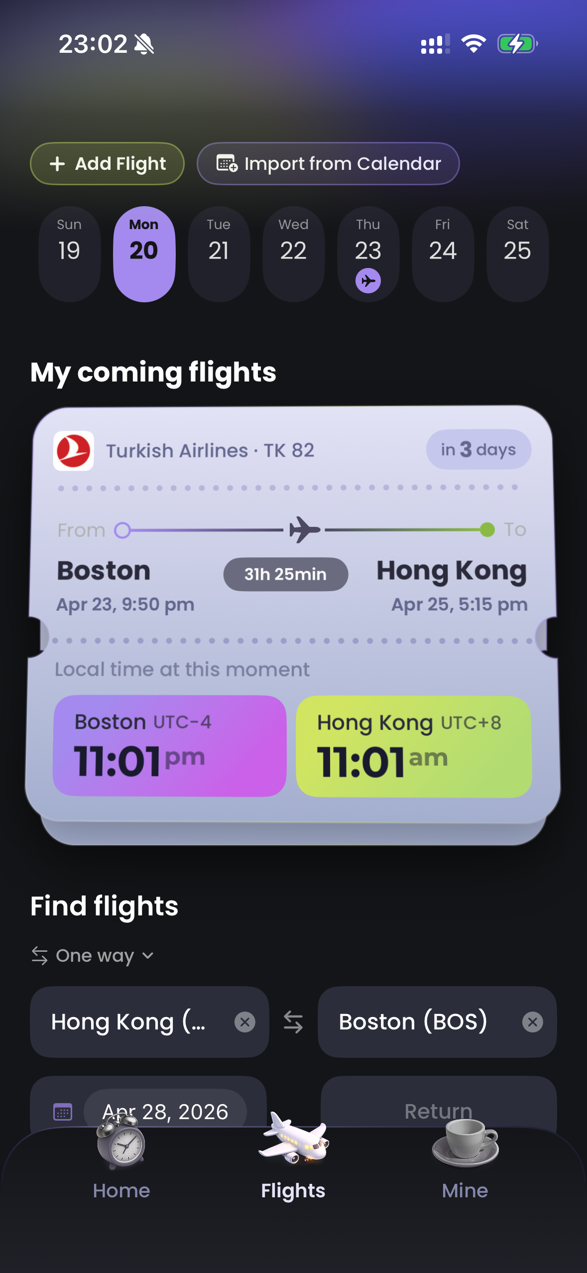 Retime flights tab showing a ticket-shaped flight card with dual clocks