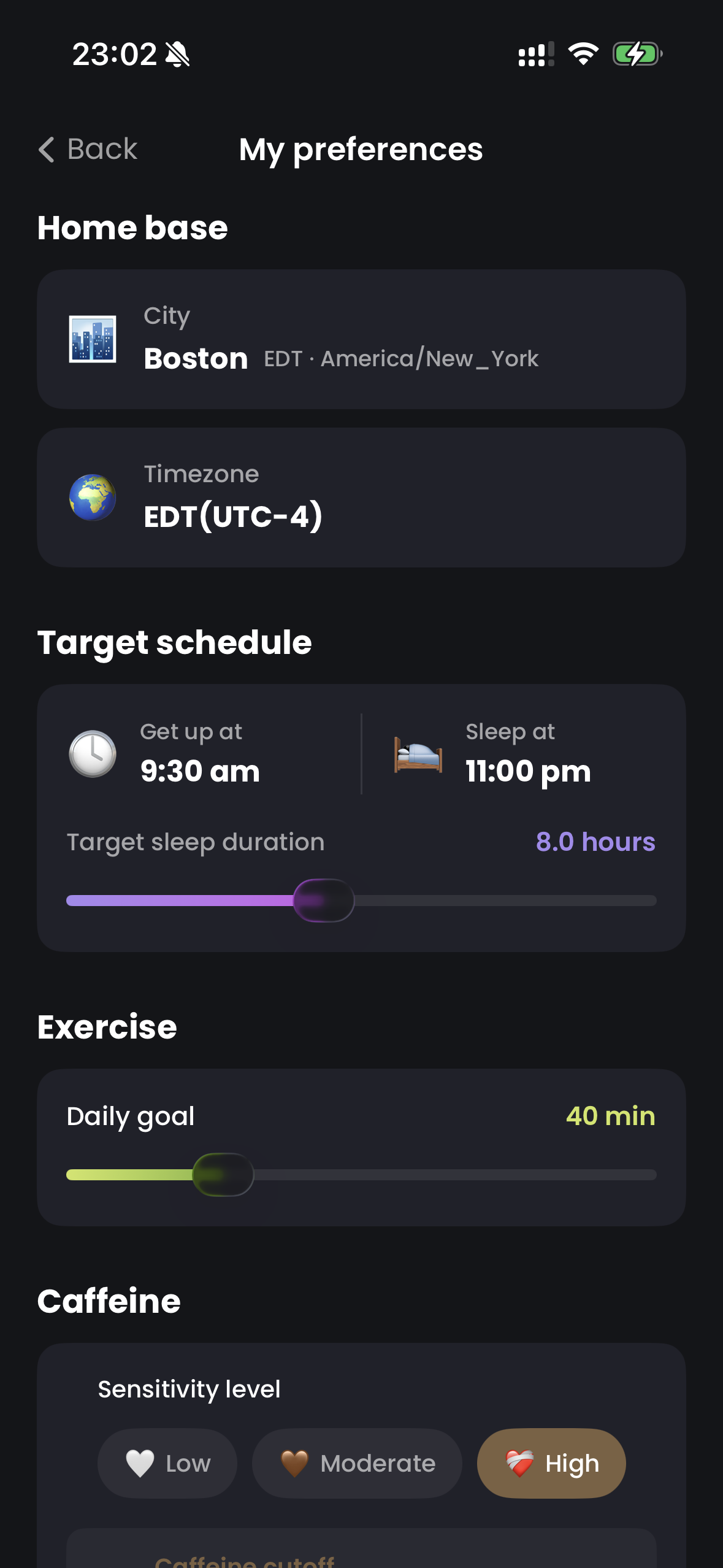Retime preferences screen with sleep duration slider and caffeine sensitivity