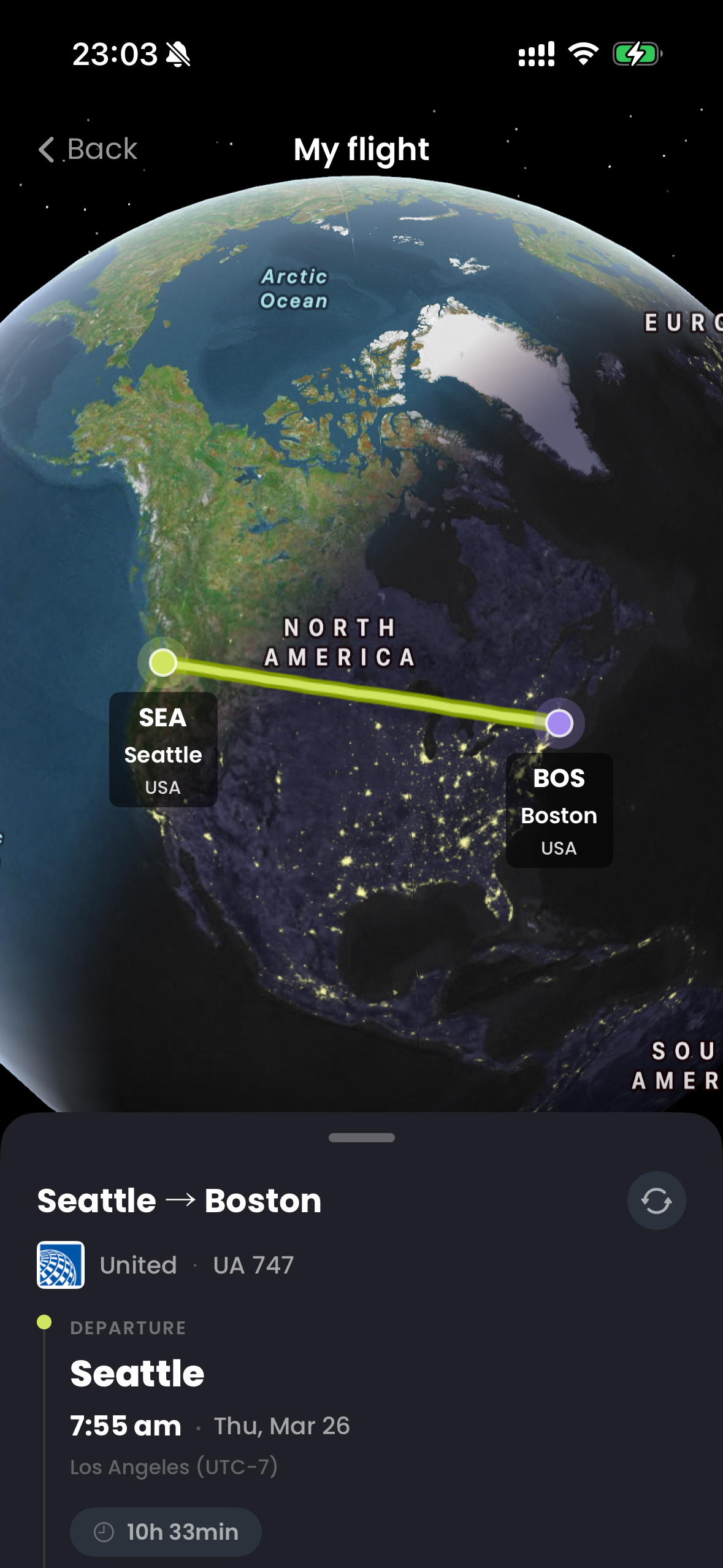 Retime 3D globe showing a Seattle to Boston route