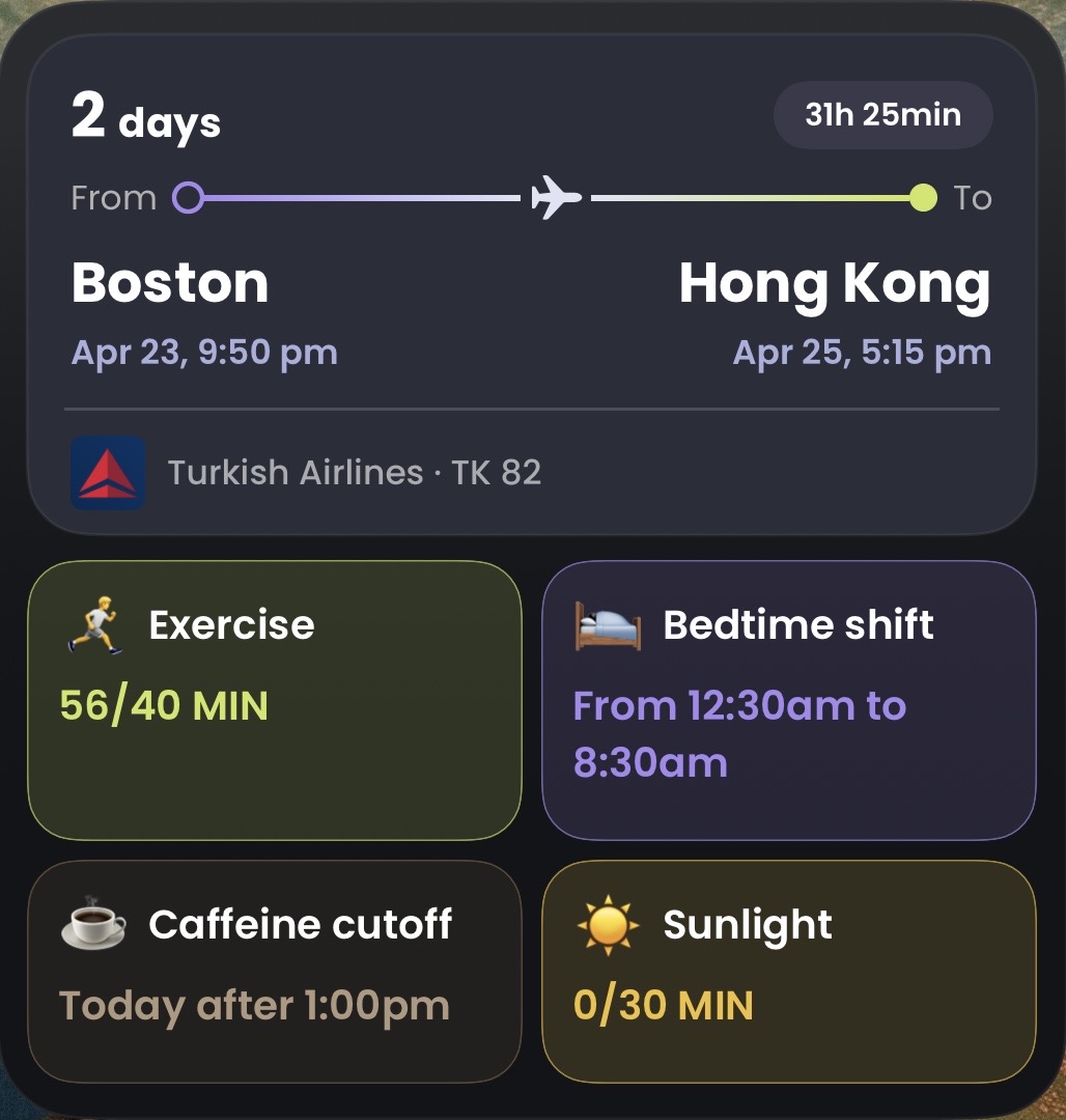 Retime large widget showing the flight, the bedtime shift and four category tiles