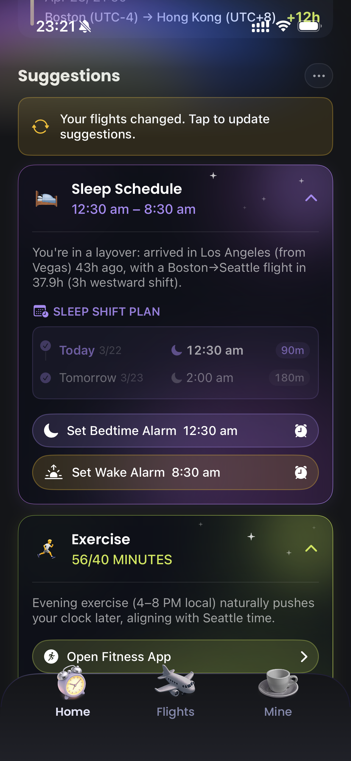Retime suggestions screen, expanded, showing a sleep schedule card and an exercise card